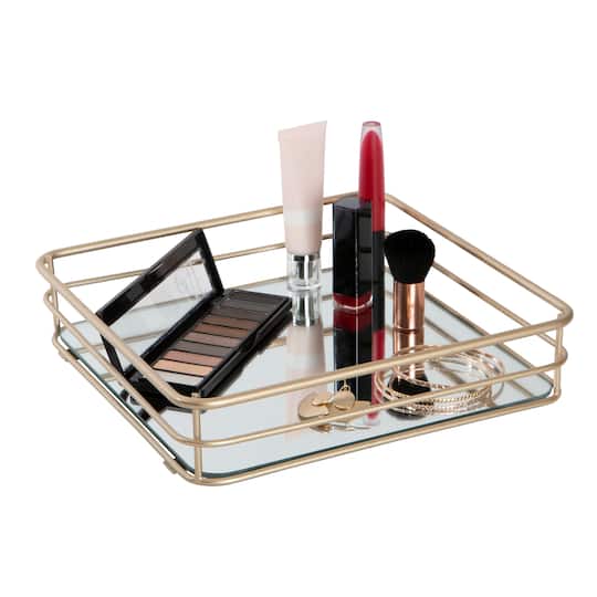 Elle Decor Square Mirrored Bottom Vanity Tray in Satin Gold Elle Decor Square Mirrored Bottom Vanity Tray in Satin Gold